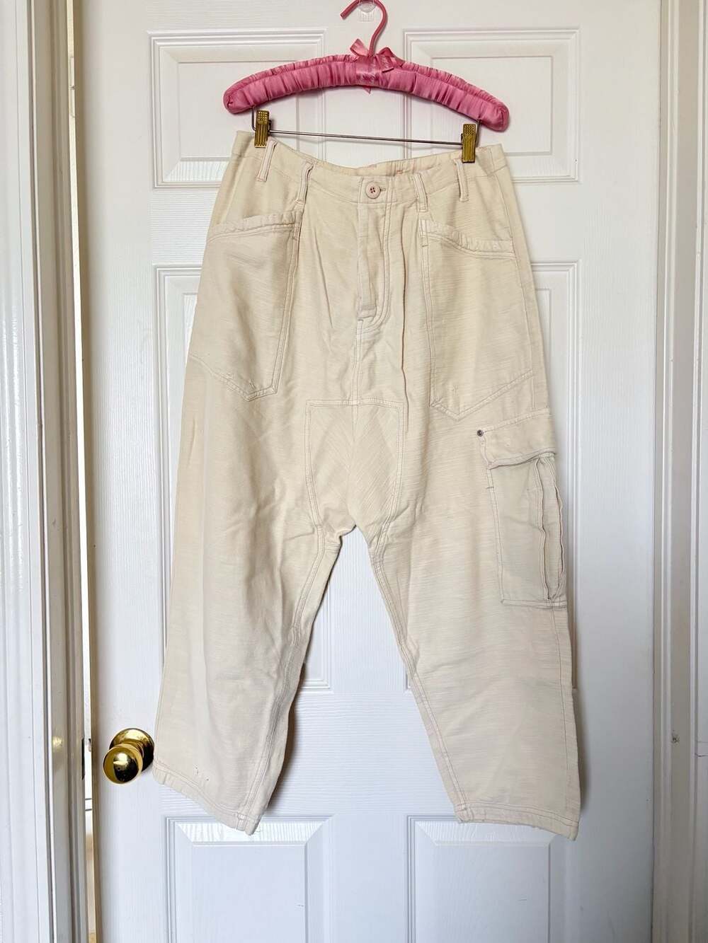 Free People Cargo Pants Size S Cream Drop Crotch Utility Trousers